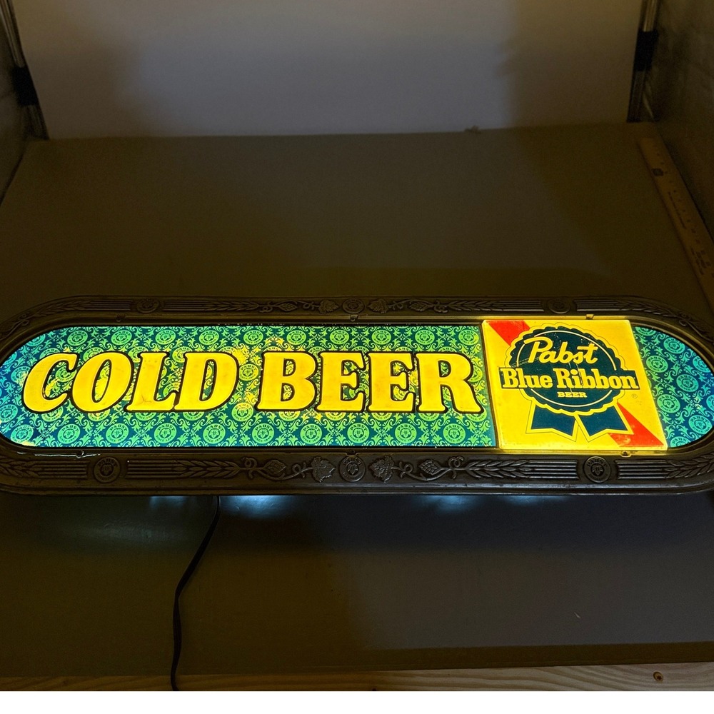 Vintage Pabst Blue Ribbon Cold Beer Light Sign Ornate Bar Decor 40 Inch PBR